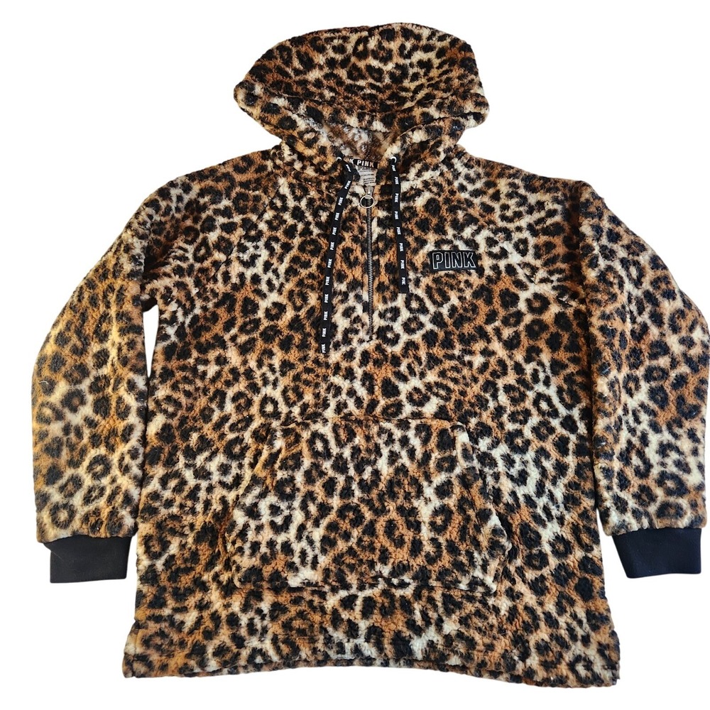 VICTORIA'S SECRET PINK Half Zip‎ Hoodie Jacket Womens Small Leopard Sherpa